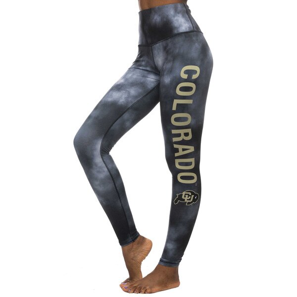 Black and white cloud wash high waisted leggings with the CU Buffalo logo and "Colorado" in vegas gold down the left leg.